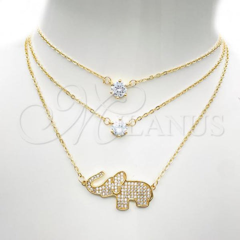 Oro Laminado Pendant Necklace, Gold Filled Style Elephant Design, with White Cubic Zirconia and White Micro Pave, Polished, Golden Finish, 04.213.0123.16