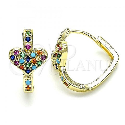 Oro Laminado Huggie Hoop, Gold Filled Style Heart Design, with Multicolor Micro Pave, Polished, Golden Finish, 02.210.0582.1.20