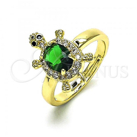 Oro Laminado Multi Stone Ring, Gold Filled Style Turtle Design, with Green Cubic Zirconia and White Micro Pave, Polished, Golden Finish, 01.284.0086.5