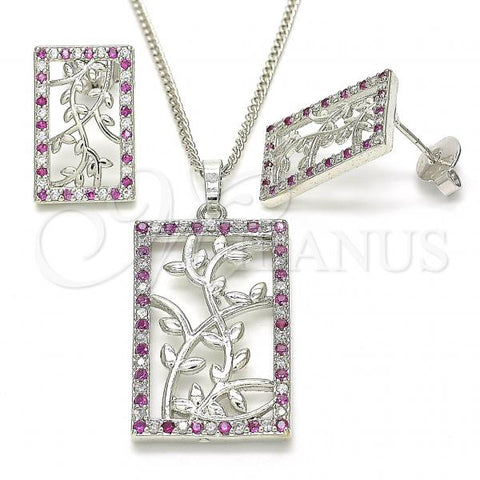 Rhodium Plated Earring and Pendant Adult Set, Leaf Design, with Ruby and White Cubic Zirconia, Polished, Rhodium Finish, 10.233.0039.6