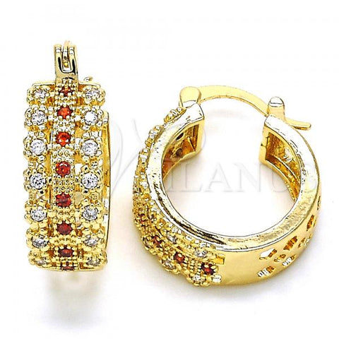 Oro Laminado Small Hoop, Gold Filled Style with Garnet and White Cubic Zirconia, Polished, Golden Finish, 02.210.0288.1.20