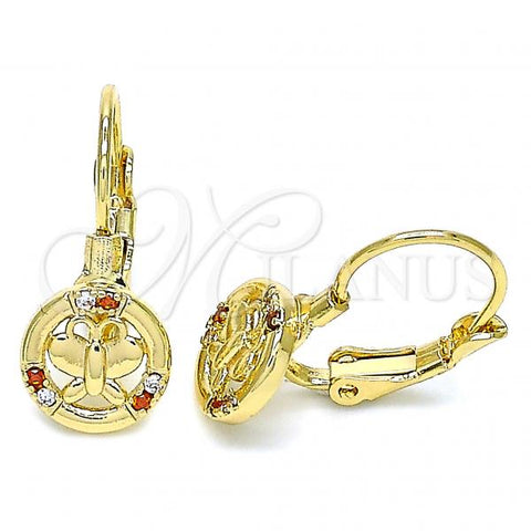 Oro Laminado Leverback Earring, Gold Filled Style Butterfly Design, with Garnet and White Micro Pave, Polished, Golden Finish, 02.210.0379.1