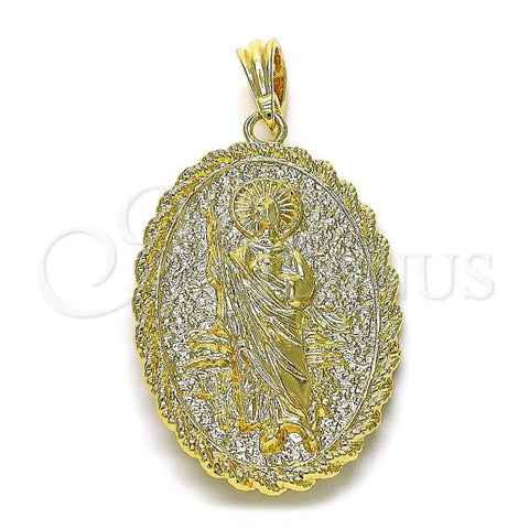 Oro Laminado Religious Pendant, Gold Filled Style Guadalupe and San Judas Design, Diamond Cutting Finish, Golden Finish, 05.196.0008