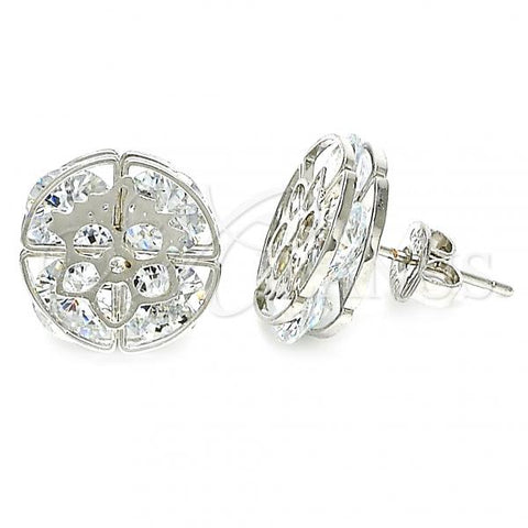 Rhodium Plated Stud Earring, Flower Design, with White Cubic Zirconia, Polished, Rhodium Finish, 02.106.0017.1