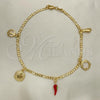 Oro Laminado Charm Anklet , Gold Filled Style Figa Hand and Chili Design, Polished, Golden Finish, 03.32.0598.10