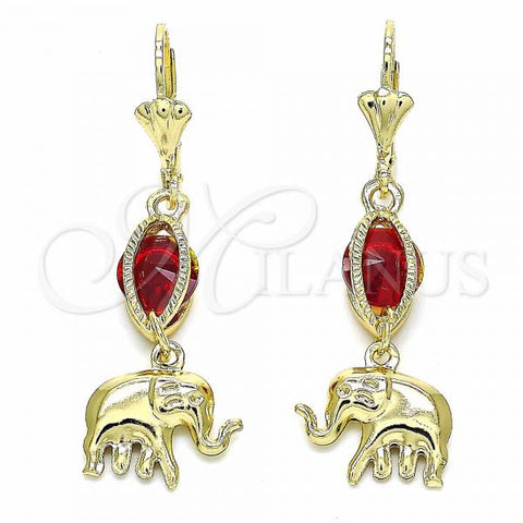 Oro Laminado Long Earring, Gold Filled Style Elephant Design, with Garnet Cubic Zirconia, Polished, Golden Finish, 02.351.0021.1