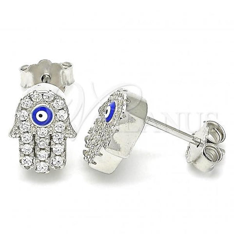 Sterling Silver Stud Earring, Hand of God and Evil Eye Design, with White Cubic Zirconia, Blue Enamel Finish, Rhodium Finish, 02.336.0154