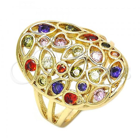 Oro Laminado Multi Stone Ring, Gold Filled Style Heart and key Design, with Multicolor Cubic Zirconia, Polished, Golden Finish, 01.210.0065.1.07 (Size 7)