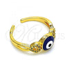 Oro Laminado Multi Stone Ring, Gold Filled Style Evil Eye and Heart Design, with White Micro Pave, Blue Enamel Finish, Golden Finish, 01.310.0034