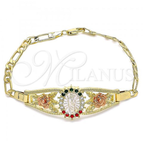 Oro Laminado Fancy Bracelet, Gold Filled Style San Judas and Flower Design, with Multicolor Crystal, Polished, Tricolor, 03.380.0086.08