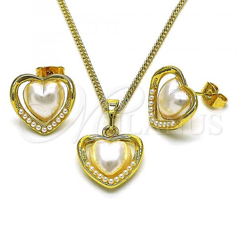 Oro Laminado Earring and Pendant Adult Set, Gold Filled Style Heart Design, with Ivory Pearl, Polished, Golden Finish, 10.379.0066