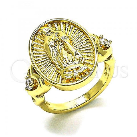 Oro Laminado Multi Stone Ring, Gold Filled Style Guadalupe and Heart Design, with White Cubic Zirconia, Polished, Golden Finish, 01.380.0030.07