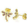 Oro Laminado Stud Earring, Gold Filled Style Dragon-Fly Design, with Ruby Micro Pave, Polished, Golden Finish, 02.156.0396.3