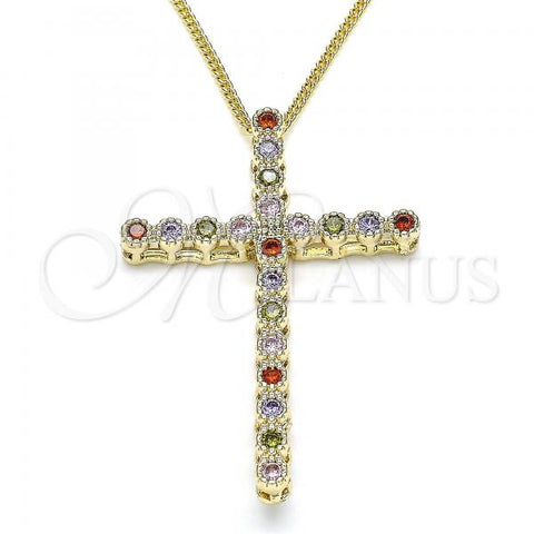 Oro Laminado Pendant Necklace, Gold Filled Style Cross Design, with Multicolor Cubic Zirconia, Polished, Golden Finish, 04.284.0025.3.20