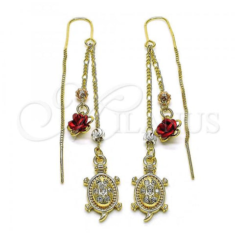 Oro Laminado Threader Earring, Gold Filled Style Turtle and Flower Design, with White Micro Pave, Polished, Tricolor, 02.253.0034
