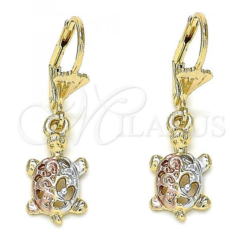 Oro Laminado Dangle Earring, Gold Filled Style Turtle Design, Polished, Tricolor, 02.351.0078