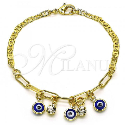 Oro Laminado Charm Bracelet, Gold Filled Style Evil Eye and Paperclip Design, with White Crystal, Blue Resin Finish, Golden Finish, 03.63.2247.08