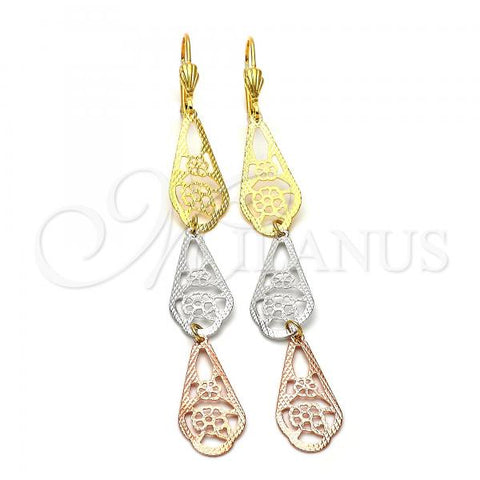 Oro Laminado Long Earring, Gold Filled Style Flower Design, Diamond Cutting Finish, Tricolor, 5.082.004