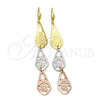 Oro Laminado Long Earring, Gold Filled Style Flower Design, Diamond Cutting Finish, Tricolor, 5.082.004