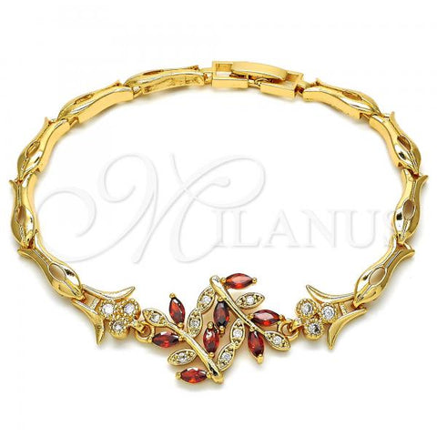 Oro Laminado Fancy Bracelet, Gold Filled Style Leaf and Fish Design, with Garnet and White Cubic Zirconia, Polished, Golden Finish, 03.210.0097.1.08