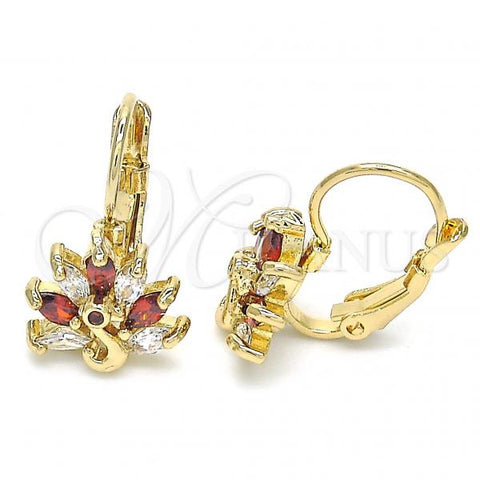 Oro Laminado Leverback Earring, Gold Filled Style Peacock Design, with Garnet and White Cubic Zirconia, Polished, Golden Finish, 02.210.0229.2