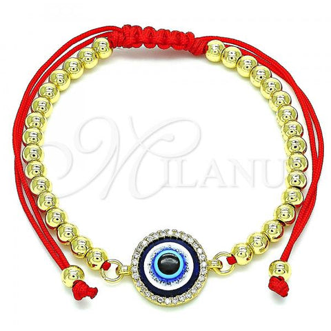 Oro Laminado Adjustable Bolo Bracelet, Gold Filled Style Ball and Evil Eye Design, with White Micro Pave, Polished, Golden Finish, 03.341.0093.11