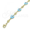 Oro Laminado Fancy Bracelet, Gold Filled Style Evil Eye and Heart Design, Turquoise Enamel Finish, Golden Finish, 03.213.0037.4.08