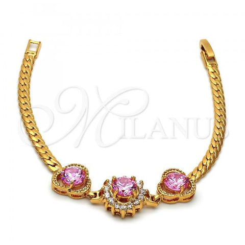 Oro Laminado Fancy Bracelet, Gold Filled Style Flower and Cluster Design, with Violet and White Cubic Zirconia, Diamond Cutting Finish, Golden Finish, 26.006
