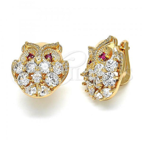 Oro Laminado Stud Earring, Gold Filled Style Owl Design, with Garnet and White Cubic Zirconia, Polished, Golden Finish, 02.26.0252