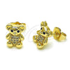 Oro Laminado Stud Earring, Gold Filled Style Teddy Bear Design, with White Micro Pave, Polished, Golden Finish, 02.411.0008