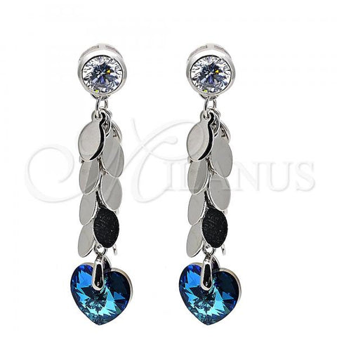 Rhodium Plated Long Earring, Heart and Leaf Design, with Bermuda Blue Swarovski Crystals and White Cubic Zirconia, Polished, Rhodium Finish, 02.26.0260