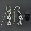Oro Laminado Long Earring, Gold Filled Style Greek Key Design, Diamond Cutting Finish, Tricolor, 5.118.006