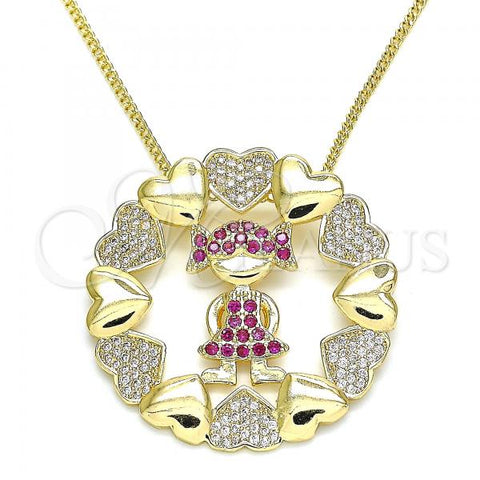 Oro Laminado Pendant Necklace, Gold Filled Style Little Girl and Heart Design, with Ruby and White Micro Pave, Polished, Golden Finish, 04.195.0059.20