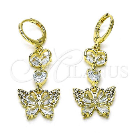 Oro Laminado Long Earring, Gold Filled Style Heart and Butterfly Design, with White Cubic Zirconia, Polished, Golden Finish, 02.196.0095