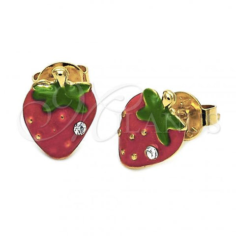 Oro Laminado Stud Earring, Gold Filled Style Strawberry Design, with White Crystal, Multicolor Enamel Finish, Golden Finish, 5.126.091.1 *PROMO*