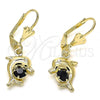 Oro Laminado Dangle Earring, Gold Filled Style Dolphin Design, with Black Crystal, Polished, Golden Finish, 02.351.0064.2