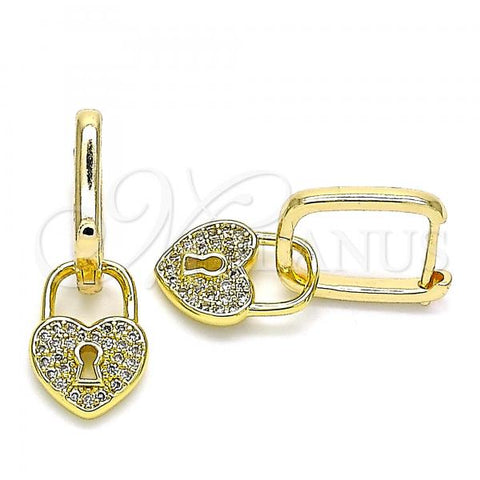 Oro Laminado Huggie Hoop, Gold Filled Style Heart and Lock Design, with White Micro Pave, Polished, Golden Finish, 02.368.0017.10