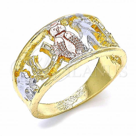 Oro Laminado Elegant Ring, Gold Filled Style Owl and Elephant Design, Polished, Tricolor, 01.351.0003.08 (Size 8)