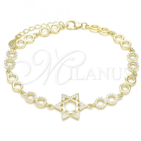 Sterling Silver Fancy Bracelet, Star of David Design, with White Cubic Zirconia, Polished, Golden Finish, 03.369.0010.2.07