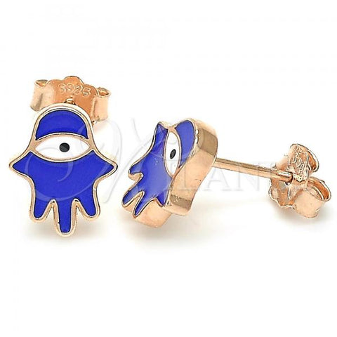 Sterling Silver Stud Earring, Hand of God Design, Blue Enamel Finish, Rose Gold Finish, 02.336.0161.1