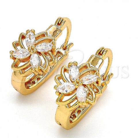 Oro Laminado Small Hoop, Gold Filled Style Flower and Leaf Design, with White Cubic Zirconia, Polished, Golden Finish, 02.196.0028.1.15