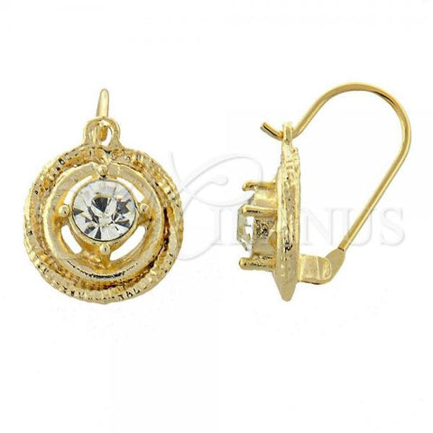 Oro Laminado Leverback Earring, Gold Filled Style with White Cubic Zirconia, Diamond Cutting Finish, Golden Finish, 02.164.0031