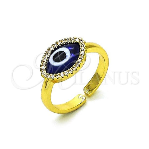 Oro Laminado Multi Stone Ring, Gold Filled Style Evil Eye Design, with Sapphire Blue Crystal and White Micro Pave, Polished, Golden Finish, 01.341.0109