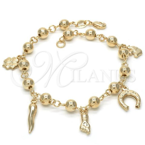 Oro Laminado Charm Bracelet, Gold Filled Style Elephant and Four-leaf Clover Design, Polished, Golden Finish, 03.32.0075.08