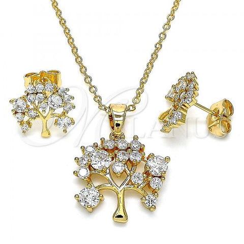Oro Laminado Earring and Pendant Adult Set, Gold Filled Style Tree Design, with White Cubic Zirconia, Polished, Golden Finish, 10.387.0001