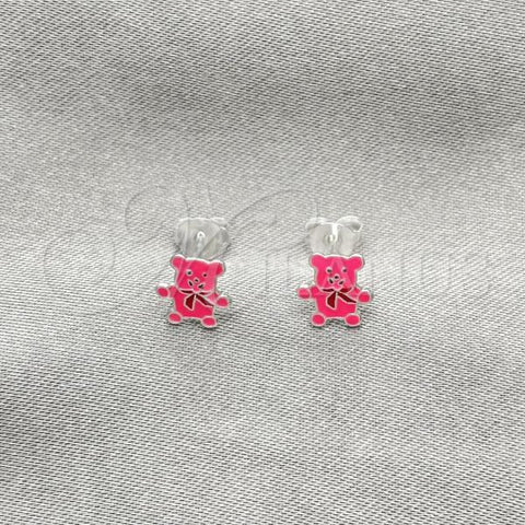 Sterling Silver Stud Earring, Teddy Bear Design, Pink Enamel Finish, Silver Finish, 02.406.0004.01