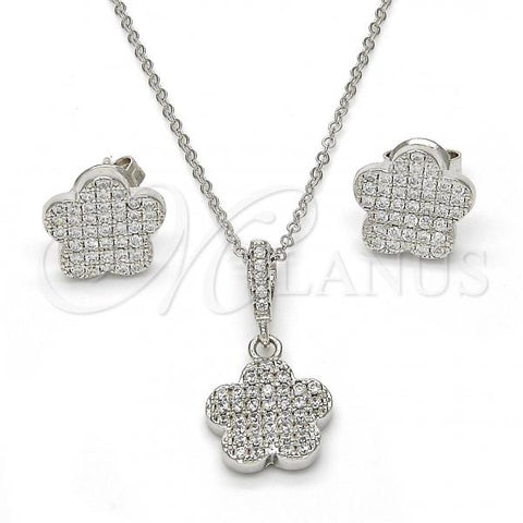 Sterling Silver Earring and Pendant Adult Set, Flower Design, with White Micro Pave, Polished, Rhodium Finish, 10.275.0015