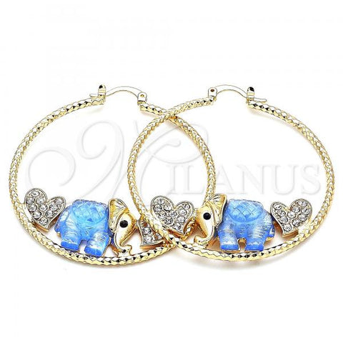 Oro Laminado Large Hoop, Gold Filled Style Elephant and Heart Design, with White and Black Crystal, Blue Resin Finish, Golden Finish, 02.380.0051.6.50
