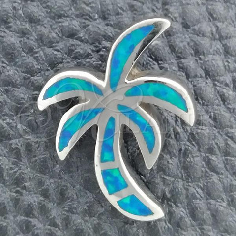 Sterling Silver Fancy Pendant, Palm Tree Design, with Bermuda Blue Opal, Polished, Silver Finish, 05.391.0008