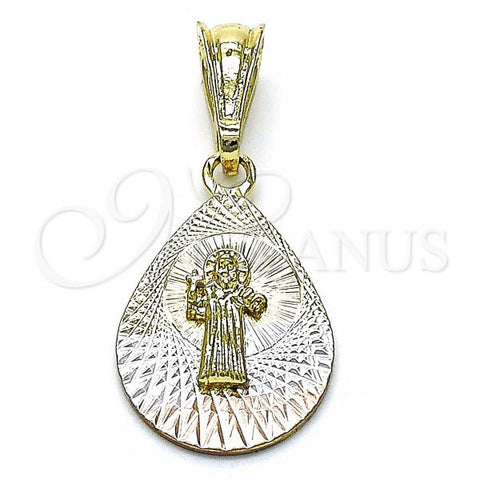 Oro Laminado Religious Pendant, Gold Filled Style San Benito and Teardrop Design, Diamond Cutting Finish, Tricolor, 05.351.0192